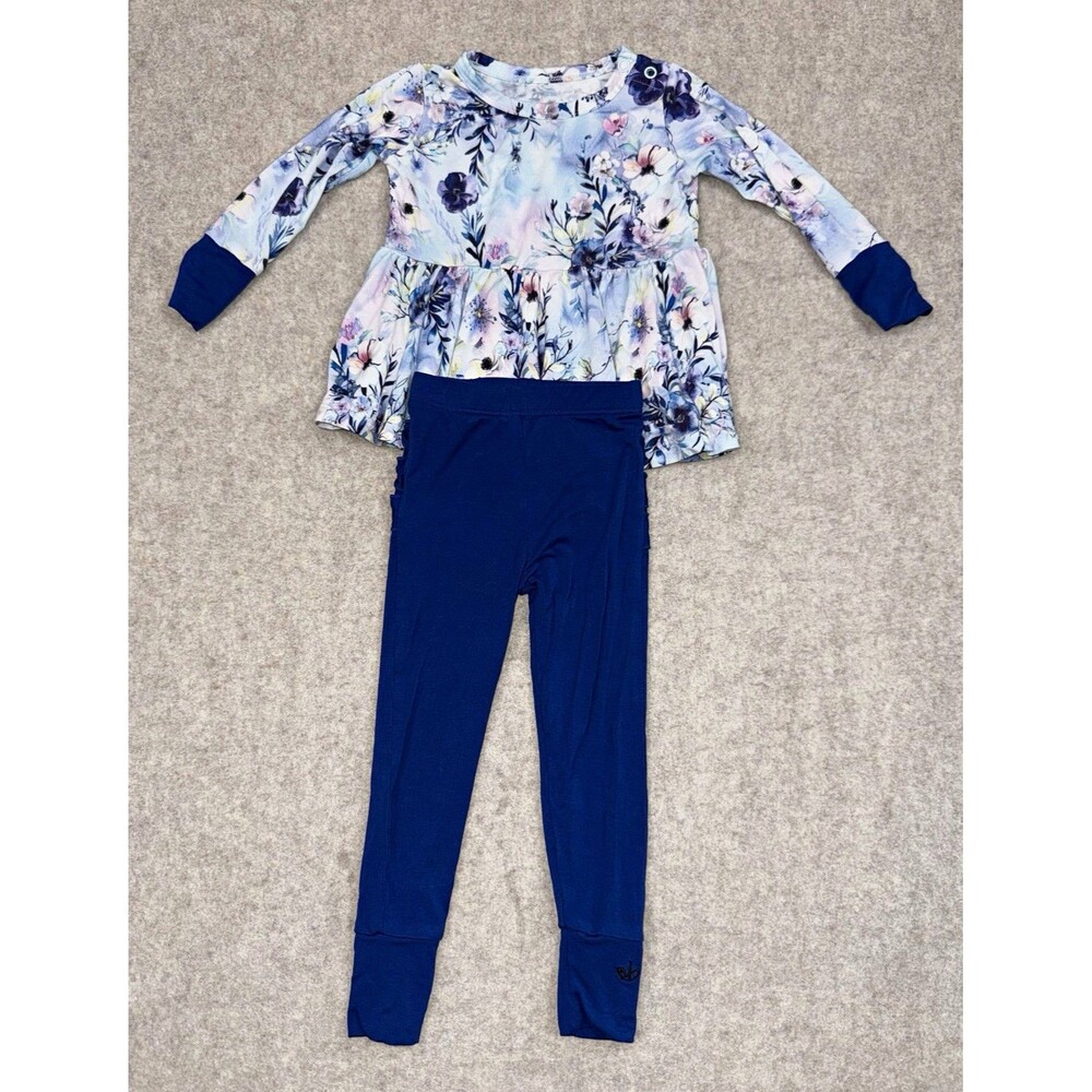 Birdie Bean Girls 6-12M 2 Pc Floral Tunic Long Sleeve Ruffle Pants Blue